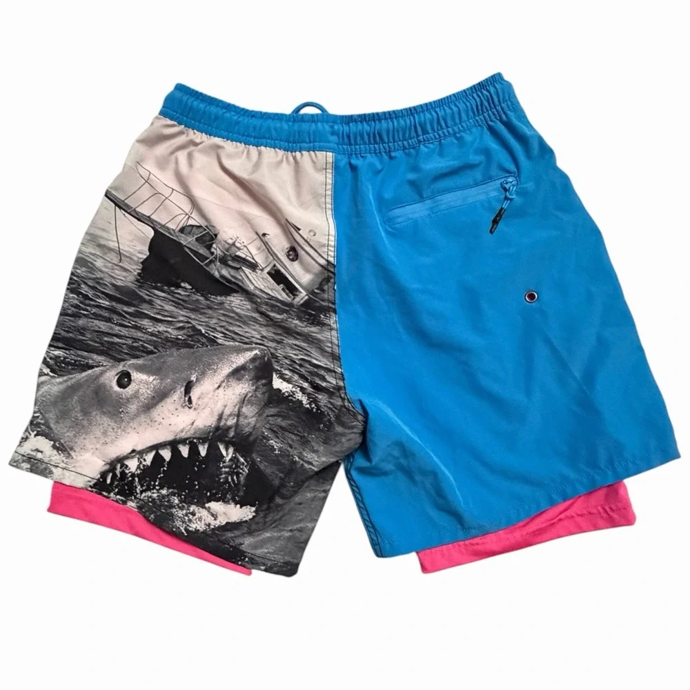 Maui & Sons Jaws Compression Lined Swim Trunks Mens Large Shark Board Shorts 80s